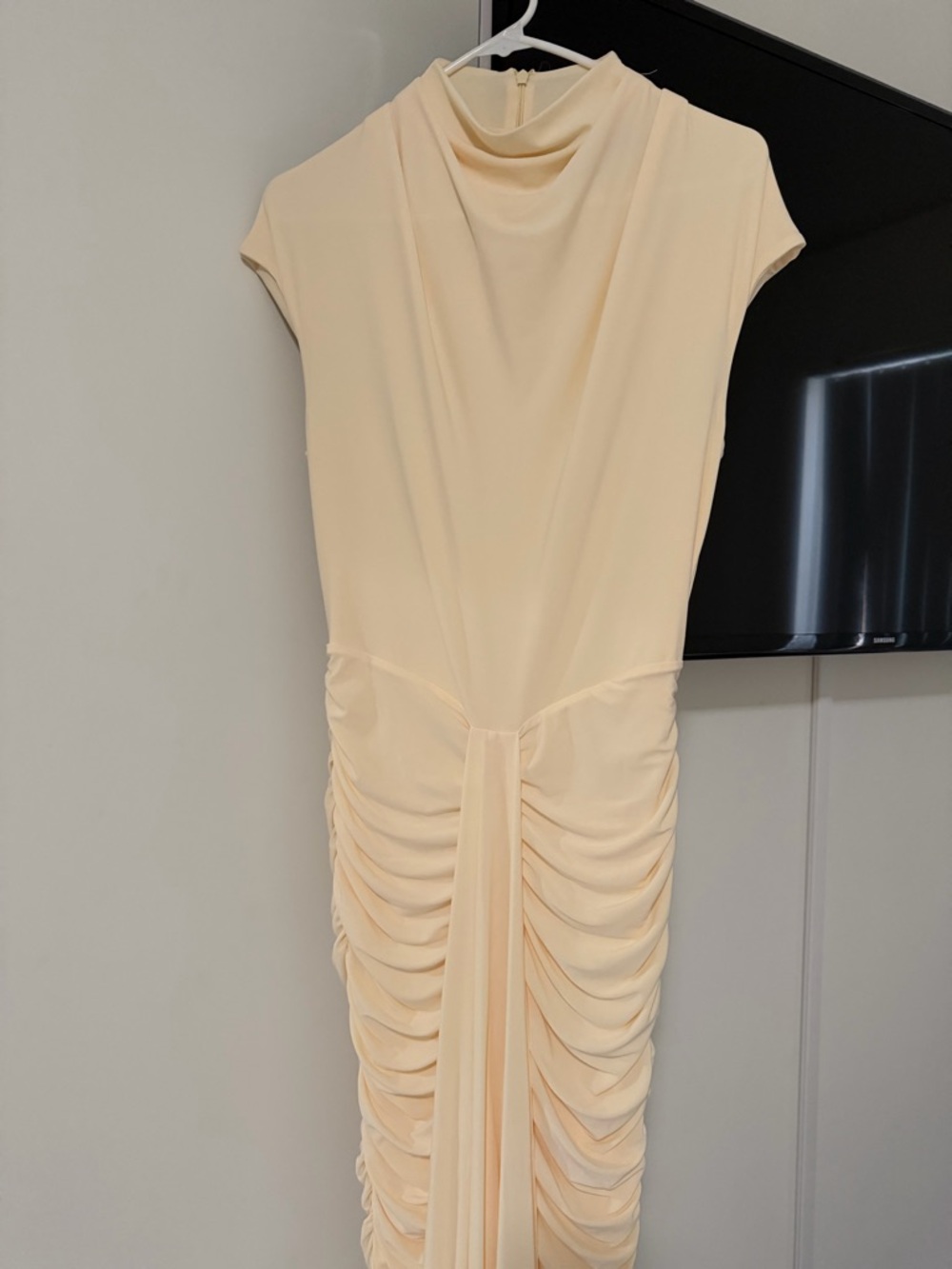 Club L London Pale Yellow Ruched Maxi Dress with Draped Front - Picture 2 of 2